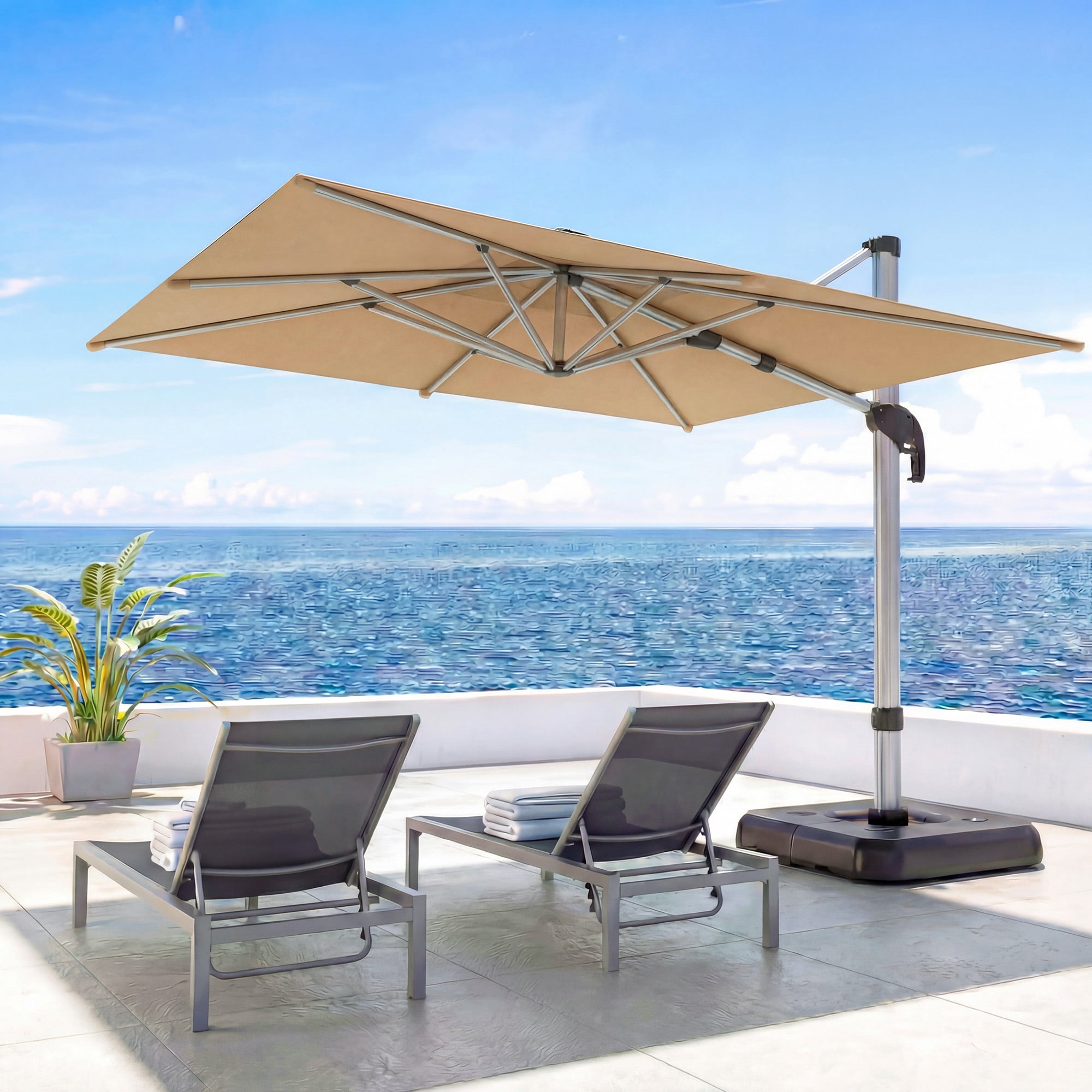 10 ft patio offset cantilever umbrella with solar lights 10' Solar Cantilever Umbrella - LED Lights & UV Protection