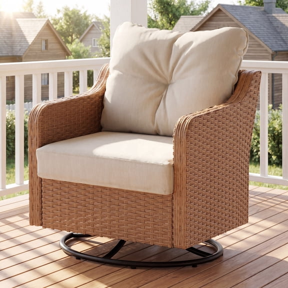 LAUSAINT HOME Outdoor Patio Rocking Chair, 360° Swivel Glider Rocker Chairs with All-Weather Wicker and Beige Cushions for Porch, Deck, Backyard, Garden, Poolside, 1 PCS