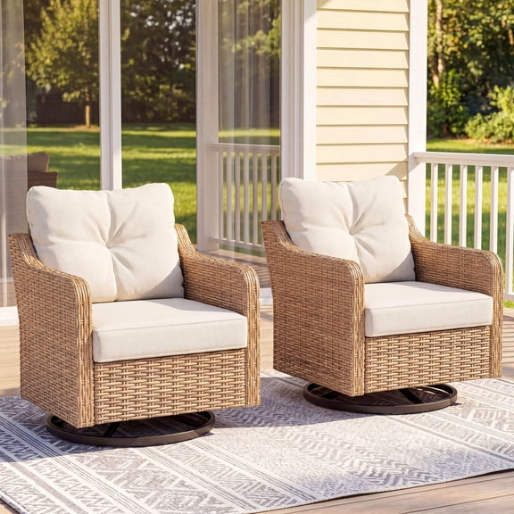 LAUSAINT HOME Outdoor Patio Rocking Chair, 360° Swivel Glider Rocker Chairs with All-Weather Wicker and Beige Cushions for Porch, Deck, Backyard, Garden, Poolside, 2 PCS