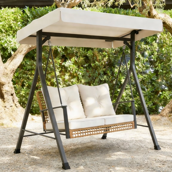 LAUSAINT HOME Outdoor Patio Swing with Stand, Heavy Duty Wicker Chair with Adjustable Canopy & Removable Cushions for Garden, Backyard, Deck, Beige