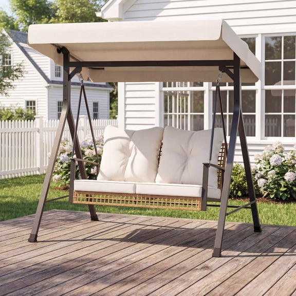 LAUSAINT HOME Outdoor Patio Swing with Stand, Heavy Duty Wicker Swing with Adjustable Canopy & Removable Cushions for Garden, Backyard, Deck, Beige