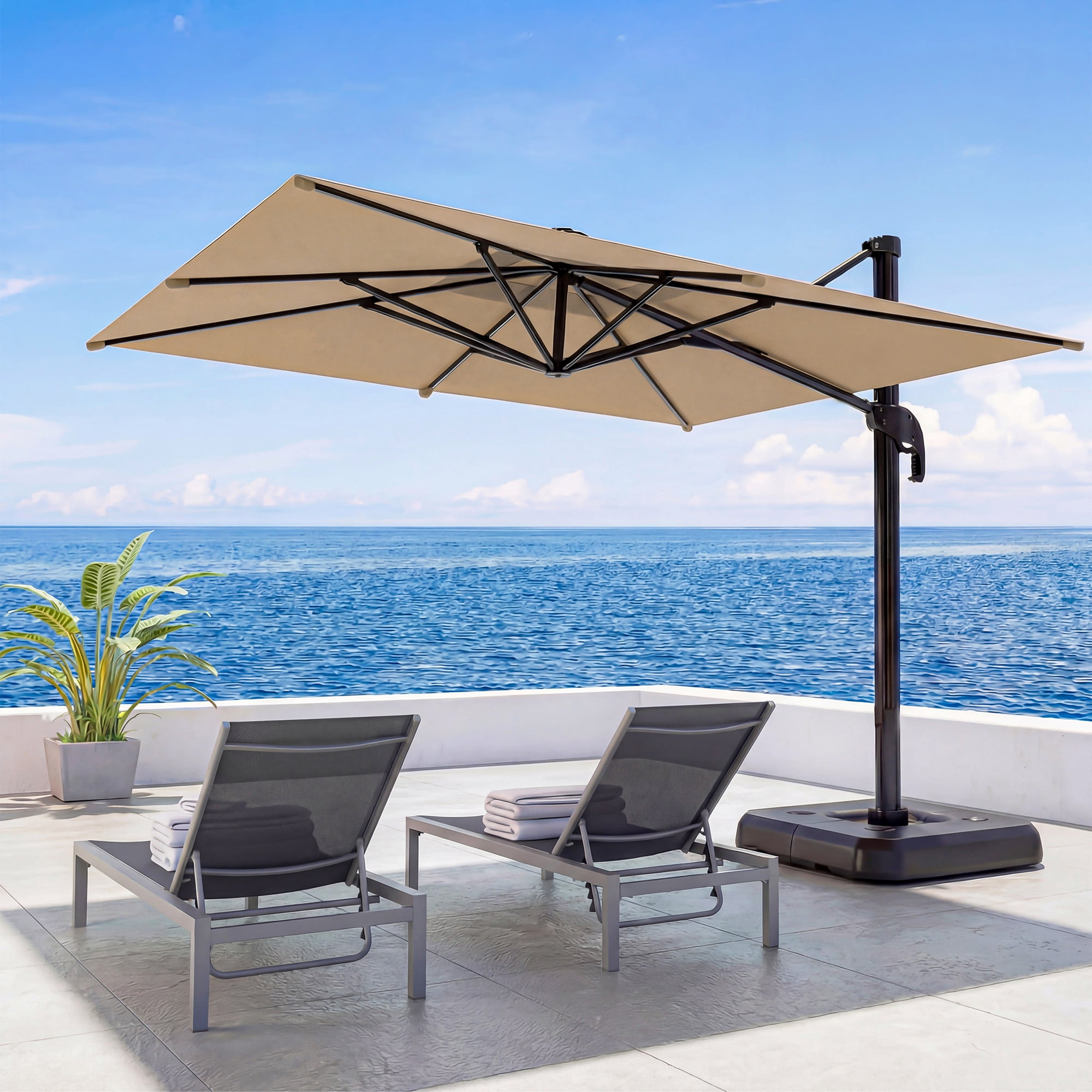 LAUSAINT HOME Outdoor Patio Umbrella with Base Included, 9 Feet Large Cantilever Windproof Offset Umbrella with 360-degree Rotation for Backyard, Pool, Lawn, Deck, Beige