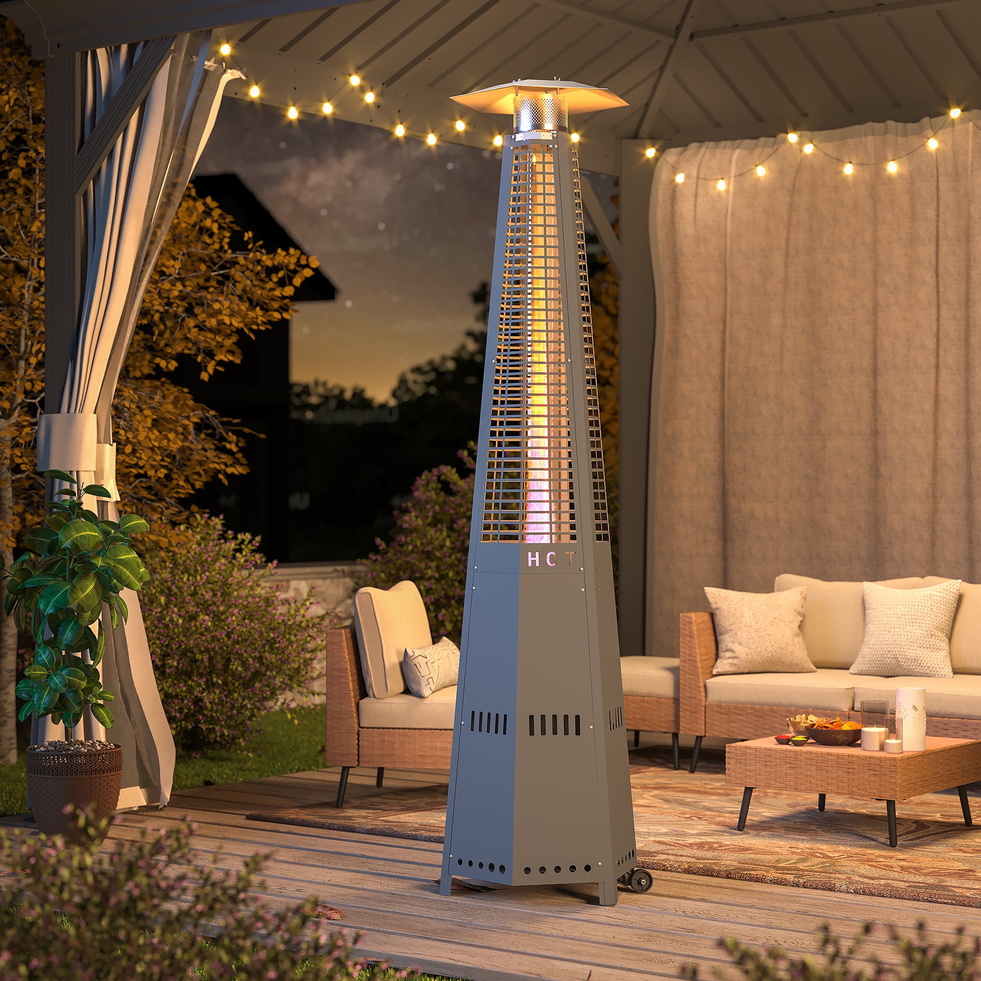 LAUSAINT HOME Hexagon Pyramid Patio Heater with Wheels, Quartz Glass Flame Heating 48,000 BTU & Cover