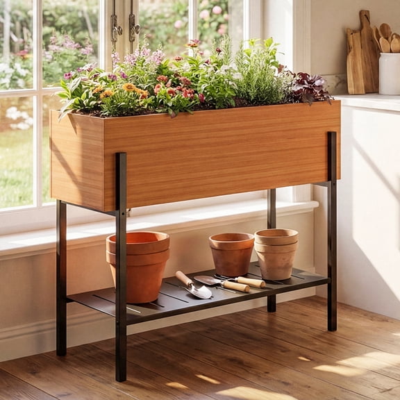 LAUSAINT HOME Outdoor Raised Garden Bed with Legs and Storage Shelf, 32" Tall Metal Elevated Planter Box with Wood Grain Finish, Deep Large Planter for Vegetables/Herbs, Patio, Backyard, Balcony