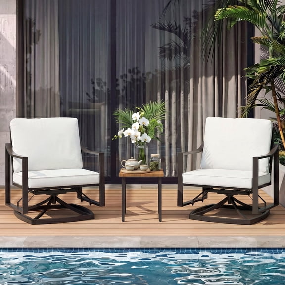 LAUSAINT HOME 3-Piece 360 Swivel Rocking Chair Patio Furniture Set with Wood Grain Side Table, Outdoor Conversation Set with Thick Removable UV Resistant Cushions, Anti-Tip Glider Rocker for Backyar