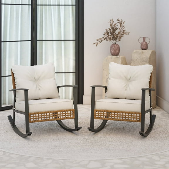 LAUSAINT HOME Outdoor Rocking Chair, Patio PE Rattan Chair with Beige Cushions, 2 PCS