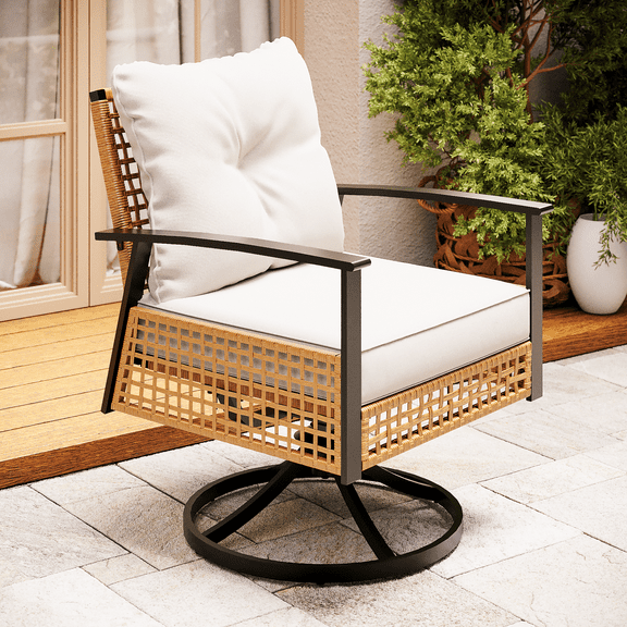 LAUSAINT HOME Outdoor Swivel Rocking Chair, Patio PE Rattan Chair with Beige Cushions for Garden, Balcony