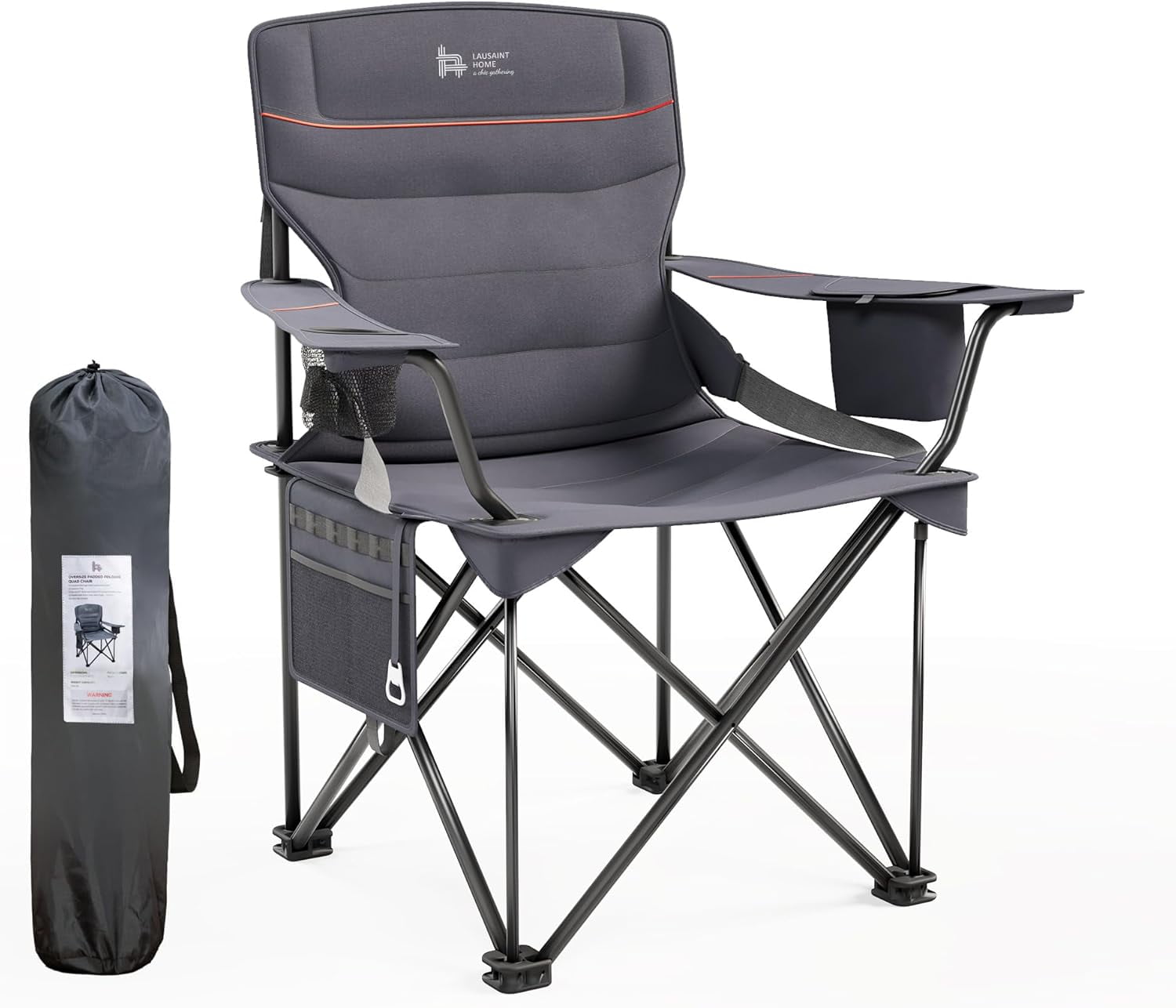 LAUSAINT HOME Oversized Camping Chairs, Full Padded Outdoor Folding Chair with Cup Holder, Gray