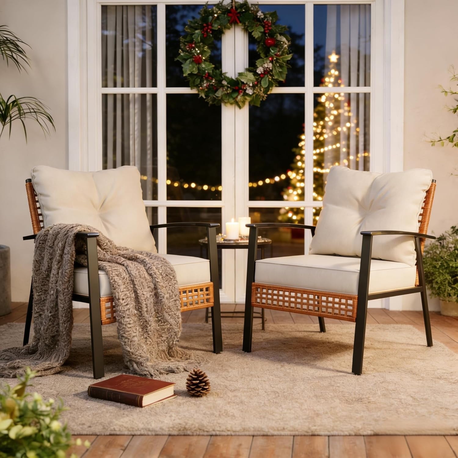 LAUSAINT HOME Outdoor Wicker Chair, Patio PE Rattan Chair with Beige Cushions, 2 PCS