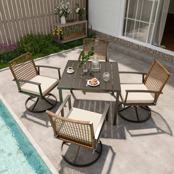 LAUSAINT HOME Patio Dining Set, 5-Piece Outdoor Wicker Furniture with Rectangular Table and 6 Swivel Chairs, Brown