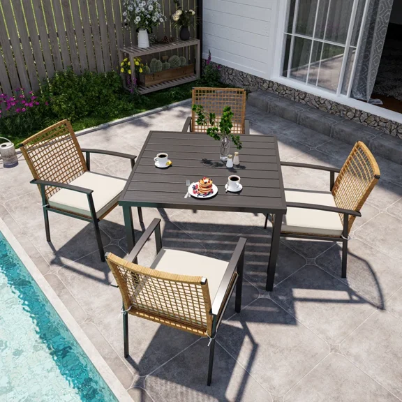 LAUSAINT HOME Patio Dining Set, 5-Piece Outdoor Wicker Furniture with Black Square Table and 4 Brown Wicker Chairs