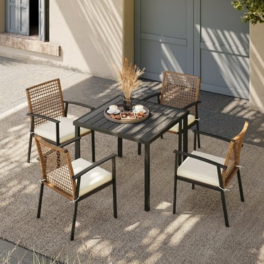 LAUSAINT HOME Patio Dining Set, 5-Piece Outdoor Wicker Furniture with Black Square Table and 4 Brown Wicker Chairs