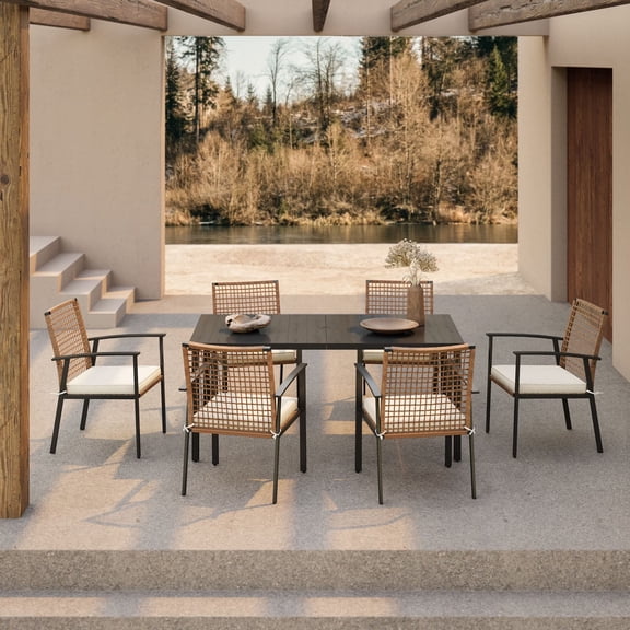 LAUSAINT HOME Patio Dining Set, 7-Piece Outdoor Wicker Furniture with Rectangular Table and 6 Chairs, Brown