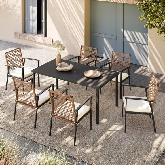 LAUSAINT HOME Patio Dining Set, 7-Piece Outdoor Wicker Furniture with Rectangular Table and 6 Chairs, Brown