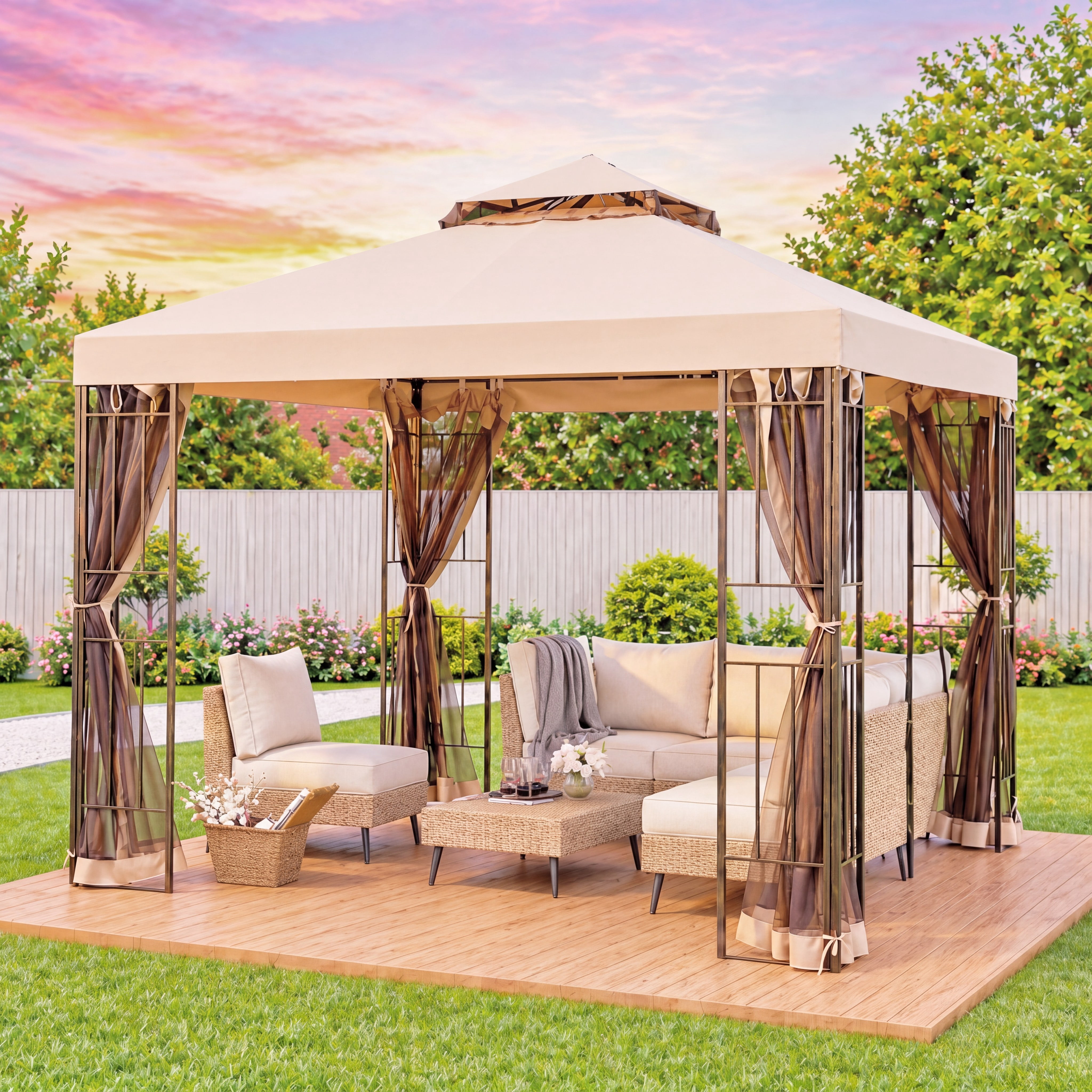 LAUSAINT HOME Patio Gazebo 10'x10',Heavy Duty Gazebos Shelter Party Tent with Double Roofs, Mosquito Nettings for Backyard, Garden, Lawn,(Khaki)