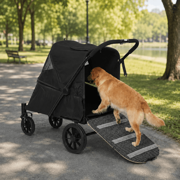 LAUSAINT HOME 4 Wheels Pet Stroller, Foldable Extra Large Dog Stroller for Medium & Large Dogs/Cats with Built-in Access Ramp, Dog Carrier Cat Stroller with Breathable Mesh, Black
