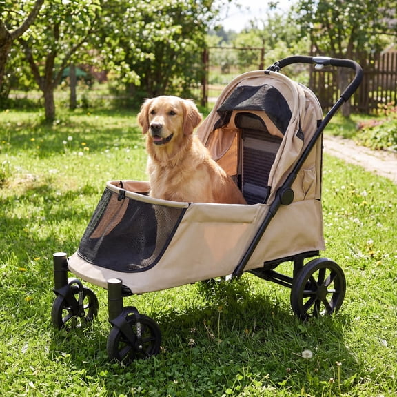 LAUSAINT HOME 4 Wheels Pet Stroller, Foldable Extra Large Dog Stroller for Medium & Large Dogs/Cats with Built-in Access Ramp, Dog Carrier Cat Stroller with Breathable Mesh, Khaki