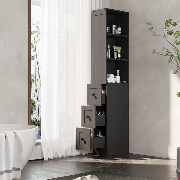LAUSAINT HOME Tall Narrow Storage Cabinet, Anti-Tipping Floor Cabinet with 2 Adjustable Shelves & 3-Level Drawers for Small Space, Bathroom, Kitchen, Black