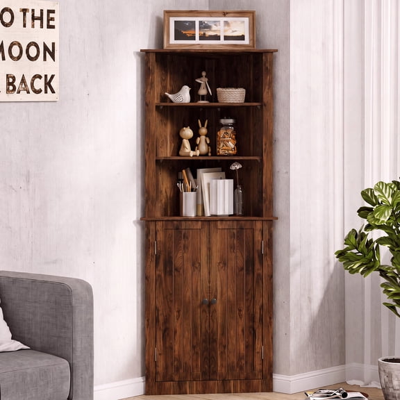 LAUSAINT HOME Tier Corner Storage Cabinet, Brown Triangle Corner Cabinet with Enclosed Shelves