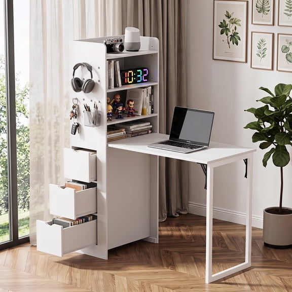 LAUSAINT HOME Wall Mounted Foldable Desk with Pegboard & 3-Tier Storage Shelves, Space-Saving Hidden Desk with Storage & Power Outlet, Fold-Out Table for Small Spaces, Home Office Bedroom, White