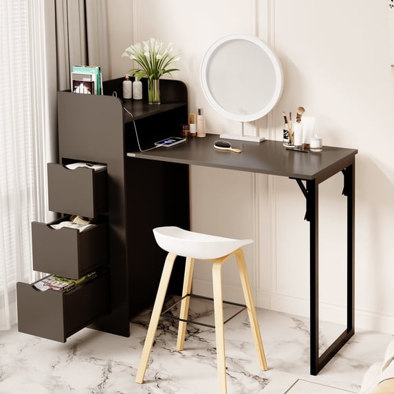 LAUSAINT HOME Wall Mounted Foldable Desk, Space Saving Hidden Desk with Storage & Power Outlet, Fold Out Table for Small Spaces, Home Office Bedroom, Black