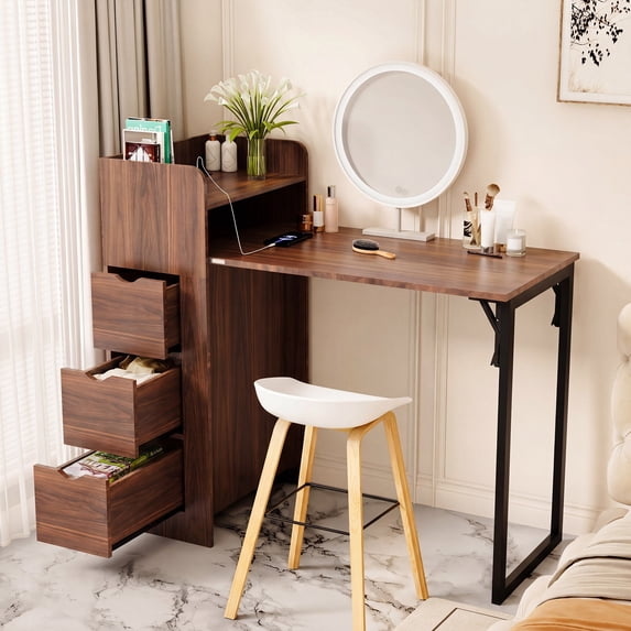 LAUSAINT HOME Wall Mounted Foldable Desk, Space Saving Hidden Desk with Storage & Power Outlet, Fold Out Table for Small Spaces, Home Office Bedroom, Walnut