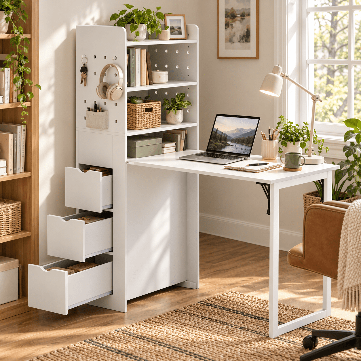 LAUSAINT HOME Wall-Mounted Folding Desk with Pegboard, 3-Tier Shelves ...