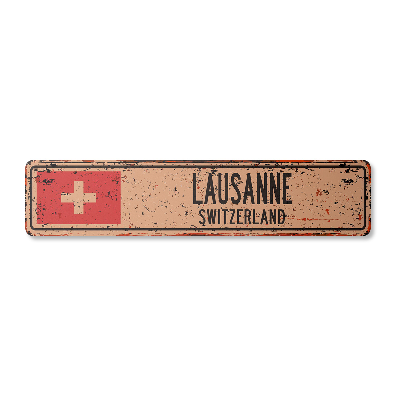 LAUSANNE SWITZERLAND Vintage Aluminum Street Sign Swiss flag city