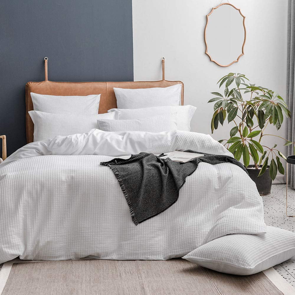LAUSONHOUSE White Seersucker Duvet Cover Set Queen,Seersucker Weave