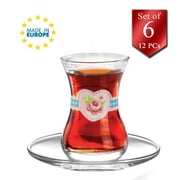 LAV Authentic Turkish Tea Glasses with Saucers 12 Pcs, Traditional Teacups and Plates Set with Blue Lace and Floral Pattern, Tea Service Set of 6, 4.75 oz 135 cc