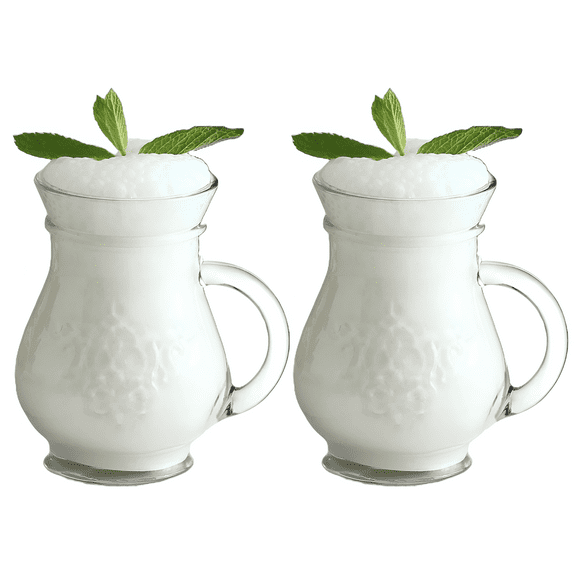 LAV Clear Ayran Mug Set of 2, Vintage Embossed Ayran Cups with Handles 11.25 Oz (330 cc)
