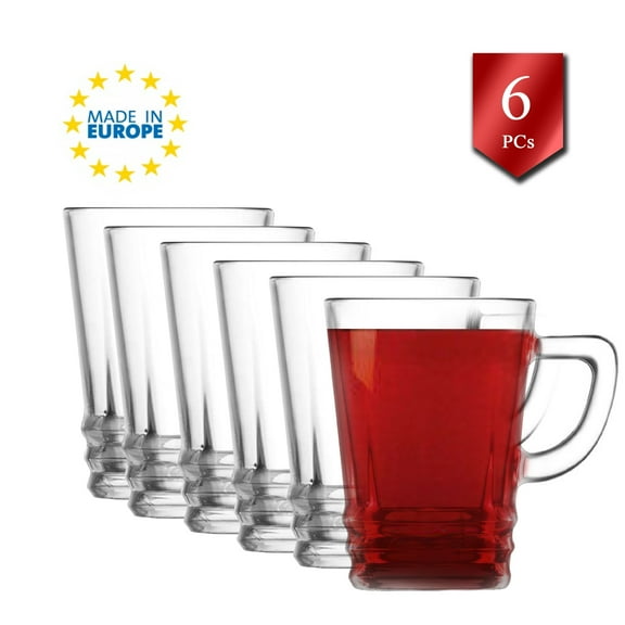LAV Clear Glass Tea Coffee Mugs with Handle, Perfect for Cappuccino, Latte, Espresso, Set of 6, 7.5oz