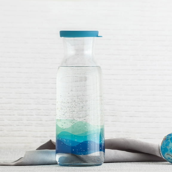 LAV Clear Glass Water Pitcher Carafe with Blue Pattern 40 oz