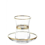 LAV Elegant Turkish Tea Glasses and Saucers | With Gold Rim and Accents, 4 Ounce Cups with 4 Inch Plates, 12 Piece Set Includes 6 Glasses and 6 Saucers, Made in Turkey