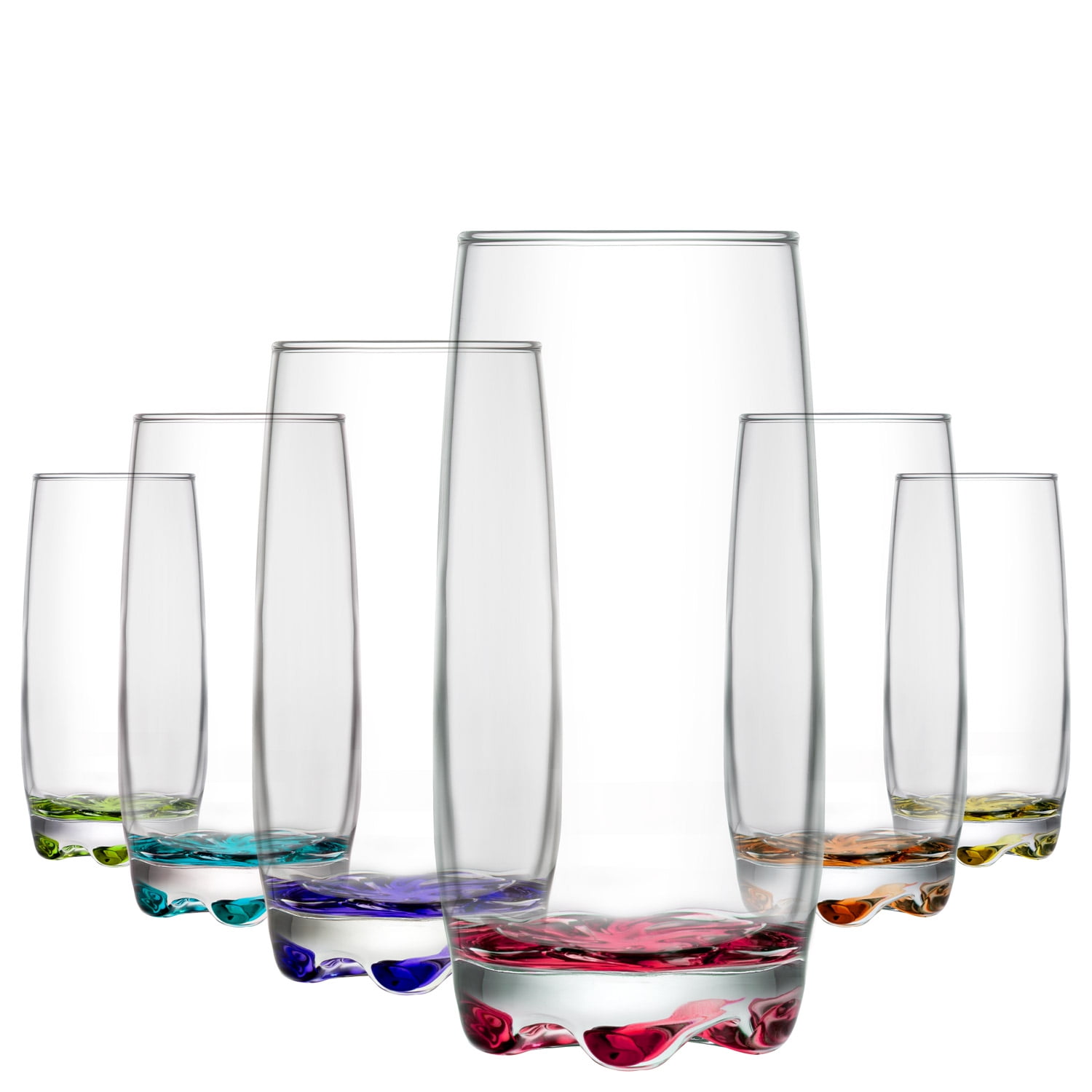 LAV Water Glasses Set of 6 Highball Drinking Glasses with Colored
