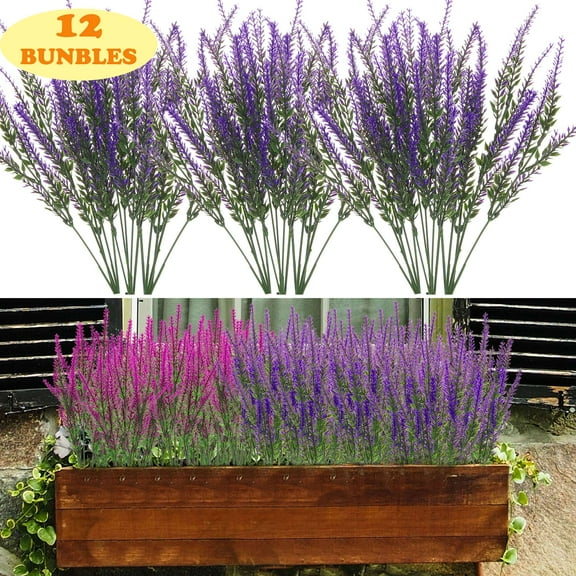 LAVA 12 Bundles Artificial Lavender Flowers UV Resistant Plastic Faux Floral Bouquets for Outdoor Home Garden Spring Wedding Decoration Purple
