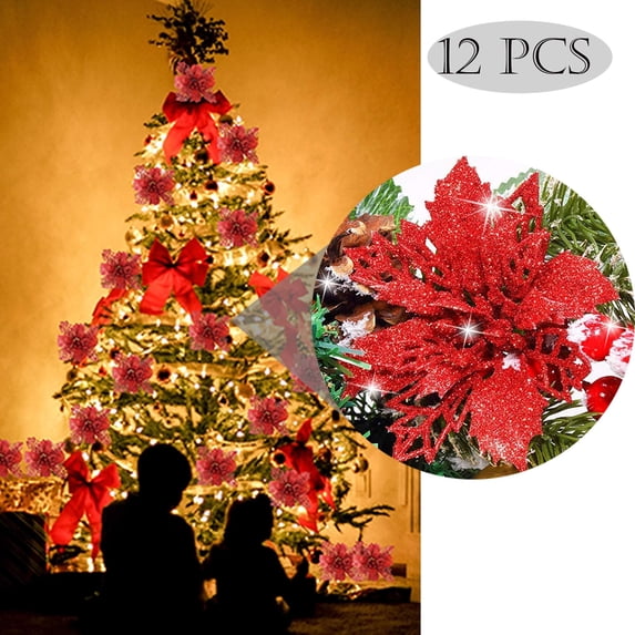 LAVA 12 Pcs Glitter Poinsettia Artificial Christmas Flowers Christmas Tree Decorations