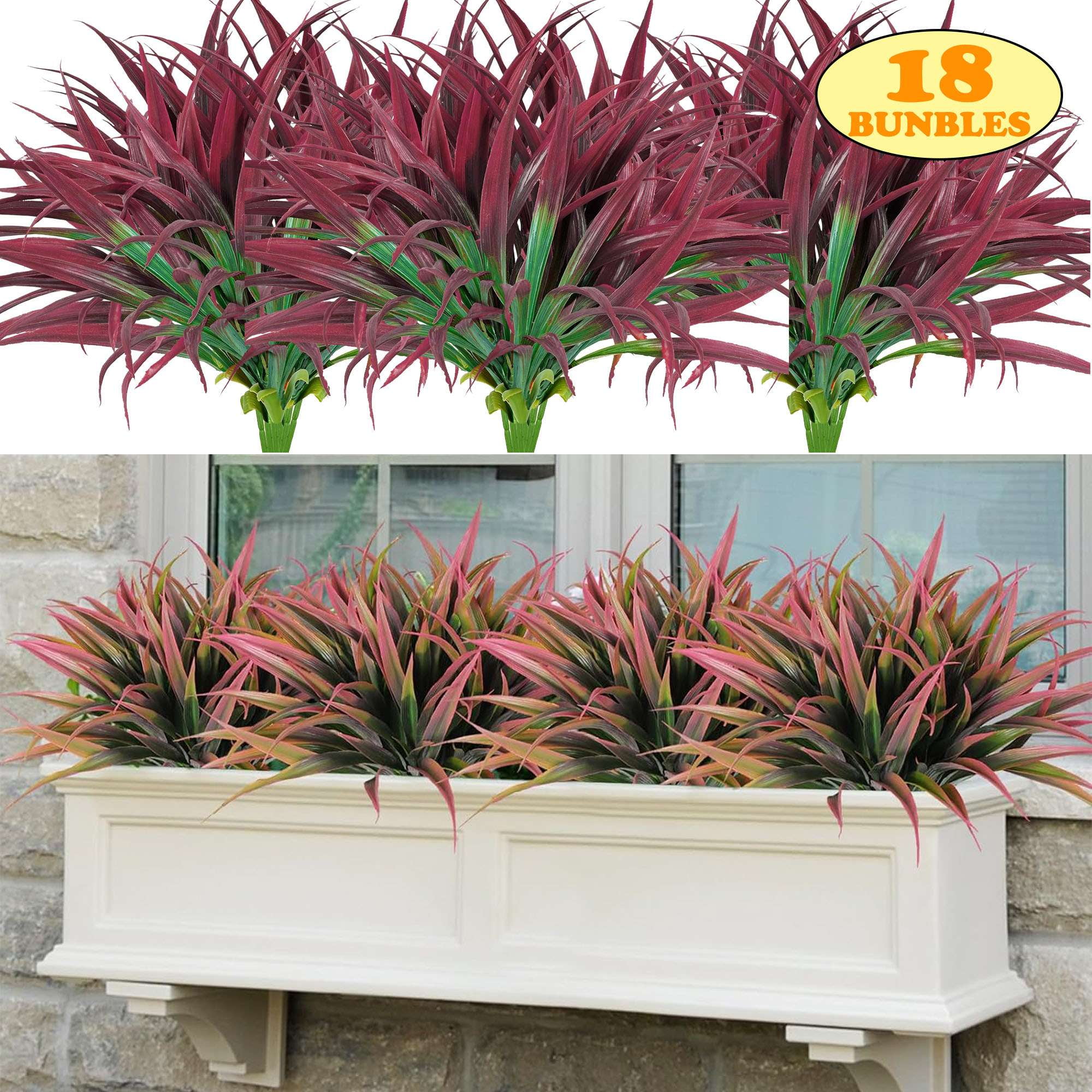 LAVA 18 Bunbles Artificial Grass Fake Plants UV Resistant Outdoor Plastic Faux Greenery for Office Home Wedding Patio Walkway Garden Decor Red