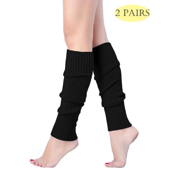 LAVA 2 Packs 80s Adult Neon Leg Warmers Knitted Crochet Long Boot Socks for Yoga Workout Dance Party Black