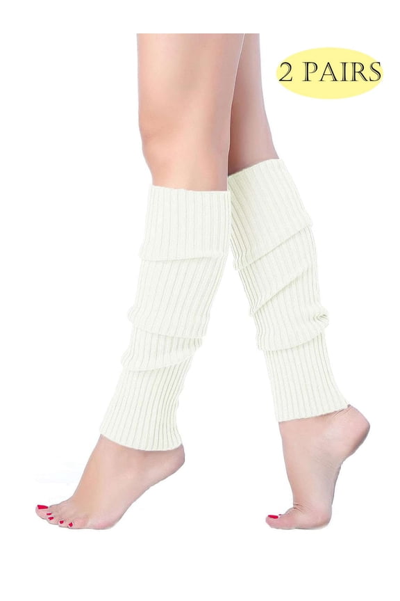 2 Packs 80s Adult Neon Leg Warmers Knitted Crochet Long Boot Socks for Yoga Workout Dance Party Cream