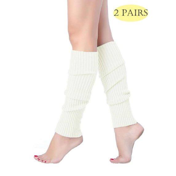 LAVA 2 Packs 80s Adult Neon Leg Warmers Knitted Crochet Long Boot Socks for Yoga Workout Dance Party Cream