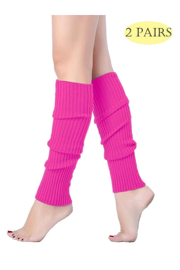 2 Packs 80s Adult Neon Leg Warmers Knitted Crochet Long Boot Socks for Yoga Workout Dance Party Pink