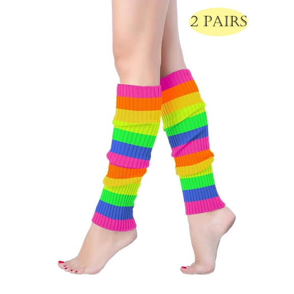 LAVA 2 Packs 80s Adult Neon Leg Warmers Knitted Crochet Long Boot Socks for Yoga Workout Dance Party Rainbow
