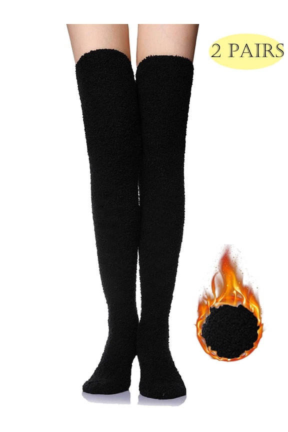 2 Pairs Fluffy Knee High Socks Fuzzy Fleece Soft Long Socks Winter Warm Cozy Socks Black