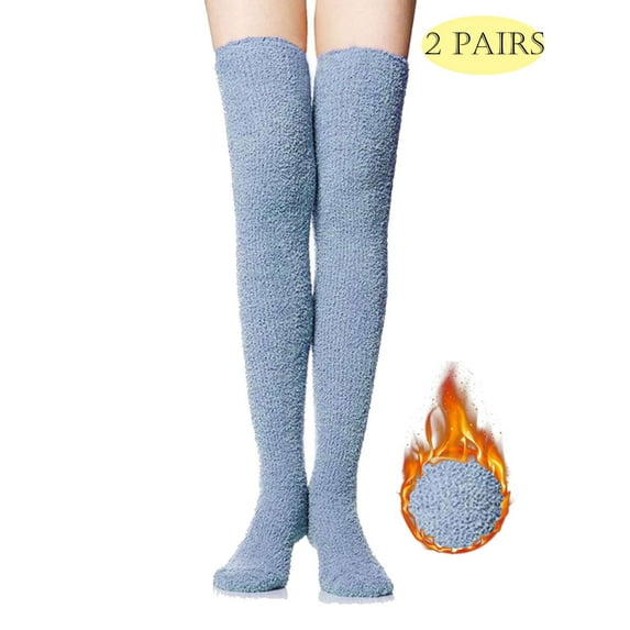 LAVA 2 Pairs Fluffy Knee High Socks Fuzzy Fleece Soft Long Socks Winter Warm Cozy Socks Blue