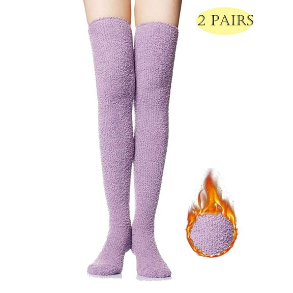 LAVA 2 Pairs Fluffy Knee High Socks Fuzzy Fleece Soft Long Socks Winter Warm Cozy Socks Purple