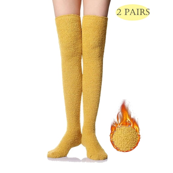LAVA 2 Pairs Fluffy Knee High Socks Fuzzy Fleece Soft Long Socks Winter Warm Cozy Socks Yellow