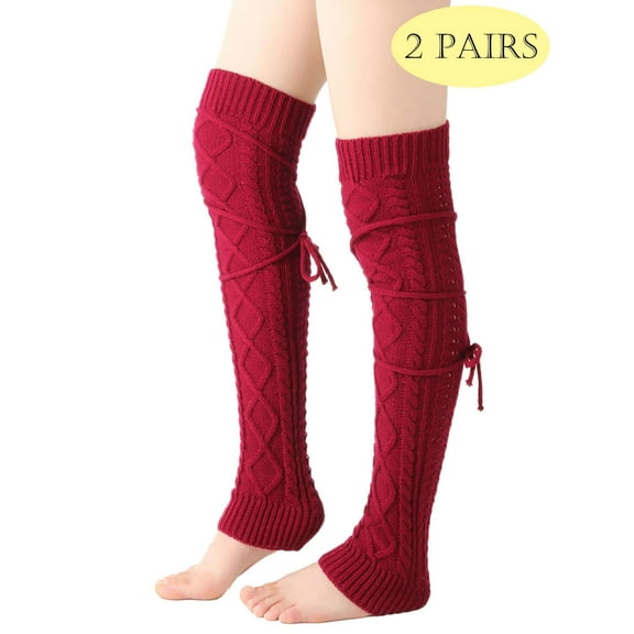 LAVA 2 Pairs Leg Warmers for Women Fashion Knitted Knee High Socka Winter Cable Knit Legging Boot Socks Red