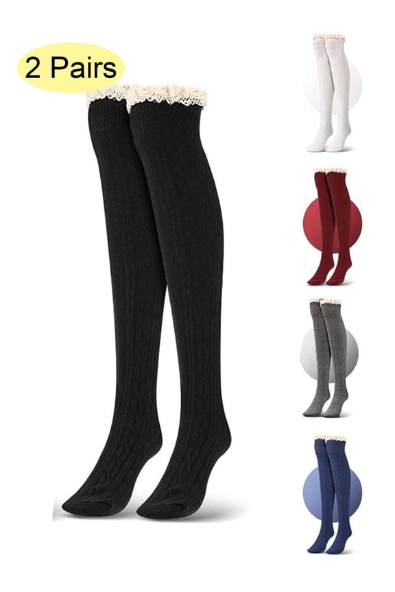 2 Pairs Women Thigh High Socks Lace Trim Over the Knee High Socks Winter Knit Long Boot Stockings Led Warmer Black
