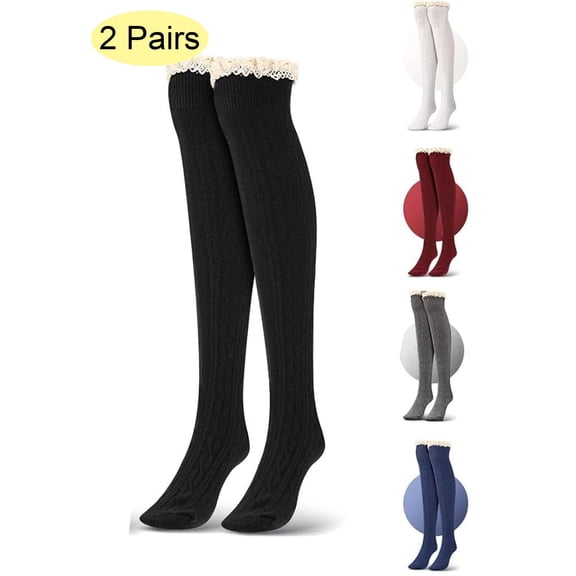 LAVA 2 Pairs Women Thigh High Socks Lace Trim Over the Knee High Socks Winter Knit Long Boot Stockings Led Warmer Navy Blue